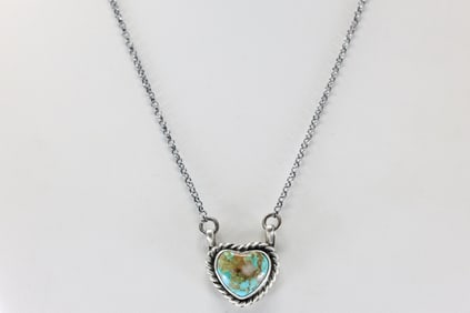 Native America Navajo Sterling Silver Kingman Turquoise Heart Necklace By Johnny Dixon.