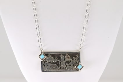Native American Navajo Sterling Silver Turquoise Storyteller Necklace By Robin Wood.