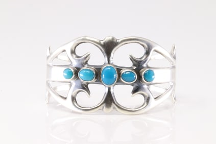 Native American Navajo Sterling Silver Turquoise Bracelet Cuff By Eugene Gruber.