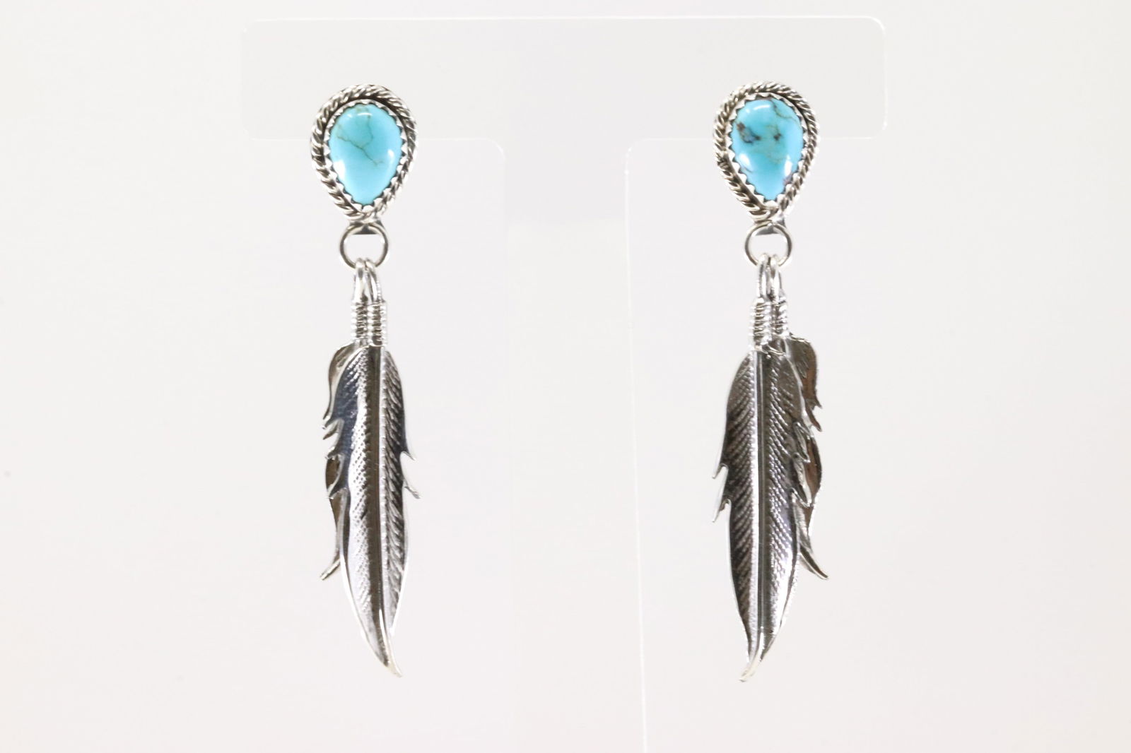 Native America Navajo Sterling Silver Turquoise Feather Post Dangling Earring's By Sharon McCarthy.: This is a Native America Navajo Sterling Silver Turquoise Feather Post Dangling Earring's By Sharon McCarthy. From R.B Company. Stamp R.B.