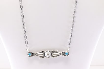 Native America Navajo Sterling Silver Turquoise Necklace By Marita Benally. From R.B Company.