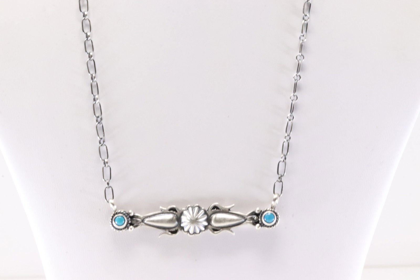 Native America Navajo Sterling Silver Turquoise Necklace By Marita Benally. From R.B Company.: This is a Native America Navajo Sterling Silver Turquoise Necklace By Marita Benally. From R.B Company. Stamp R.B. Necklace Length: 18.00.