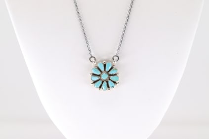 Native America Navajo Sterling Silver Turquoise Necklace Flower By Alicia Wilson.