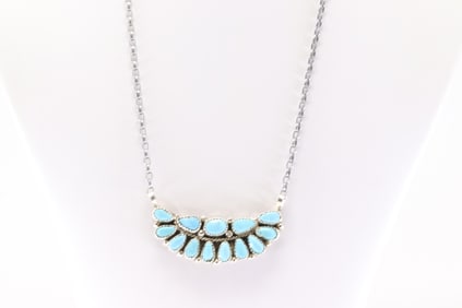 Native America Zuni Sterling Silver Turquoise Necklace By Eunis Tso.