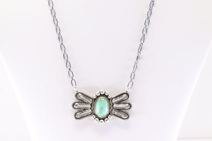 Native America Navajo Sterling Silver Turquoise Necklace By Samuel Yellowhair.