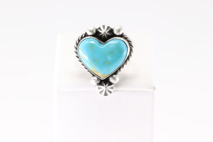 Native America Navajo Sterling Silver Turquoise Heart Ring By Dixon.