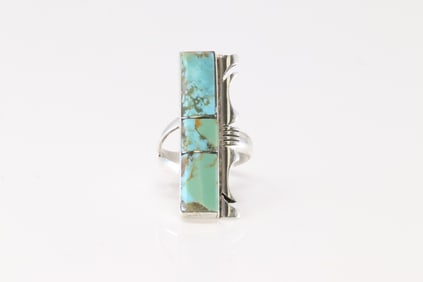 Native America Navajo Sterling Silver Turquoise Inlay Ring By SF.