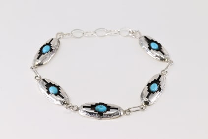 Native America Navajo Sterling Silver Turquoise Bracelet Link By Felix Perry. From Company C.