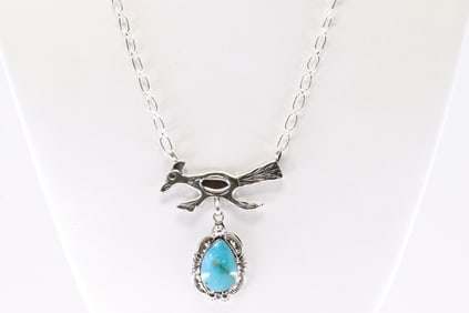Native America Navajo Sterling Silver Turquoise Roadrunner Necklace By Michael Yazzie. From R.B