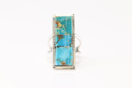 Native America Navajo Sterling Silver Turquoise Inlay Ring By SF.