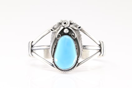 Native America Navajo Sterling Silver Kingman Turquoise Bracelet Cuff By Jimmy Lee.