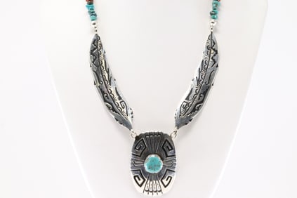 Native America Navajo Sterling Silver Multi-Color Stone Feather Necklace By T&R Singer.