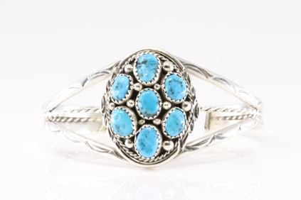 Native America Navajo Sterling Silver Turquoise Bracelet Cuff By M.Chee.