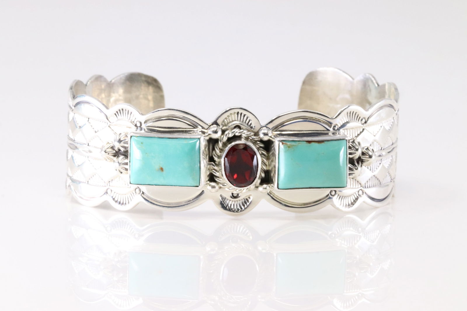 Native America Navajo Sterling Silver Garnet & Turquoise Bracelet Cuff By GR. From R.B Company. (1 of 4)