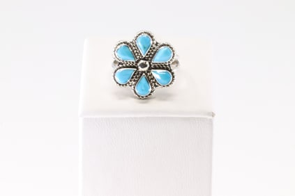Native America Zuni Sterling Silver Turquoise Floral Ring By C.L.