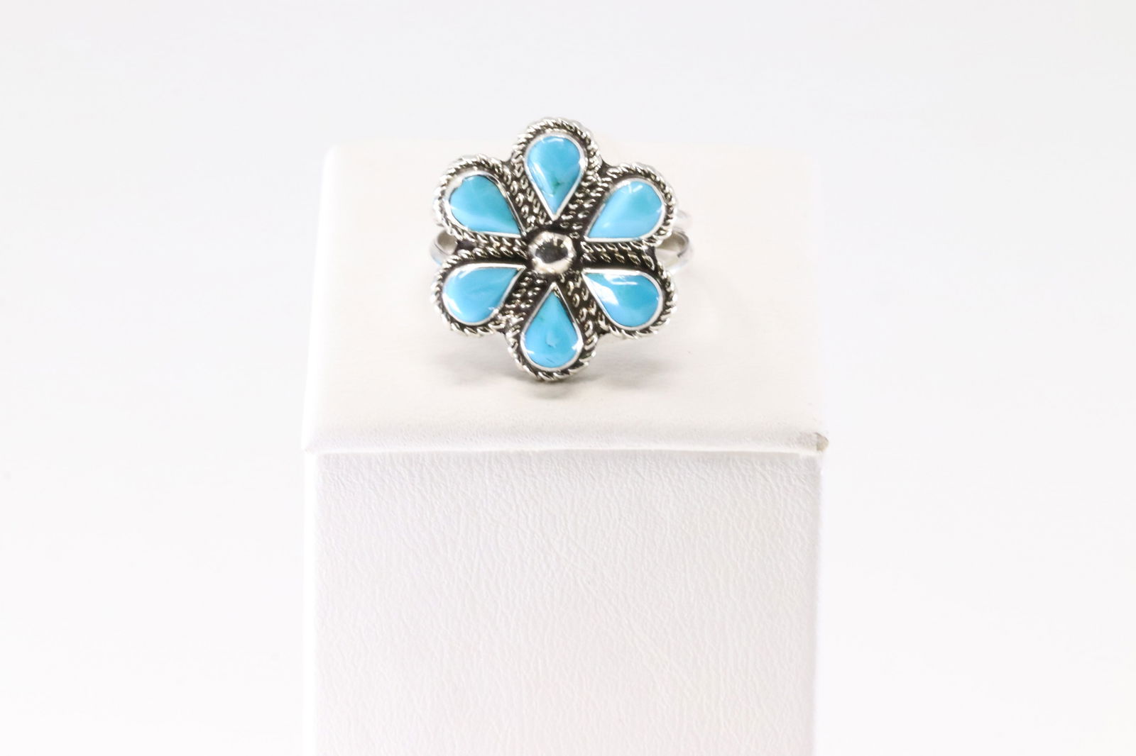 Native America Zuni Sterling Silver Turquoise Floral Ring By C.L. (1 of 4)