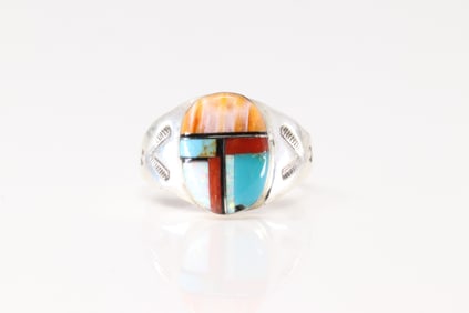 Native America Navajo Sterling Silver Multicolor Stone Inlay Ring By ML.