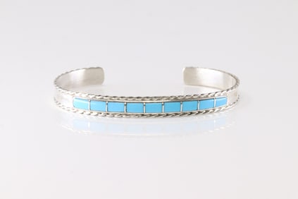 Native America Navajo Sterling Silver Turquoise Inlay Bracelet Cuff By JP.