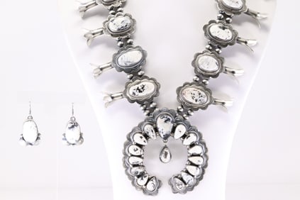 Native America Navajo Sterling Silver White Buffalo Squash Blossom Necklace & Earring's Set By Kee