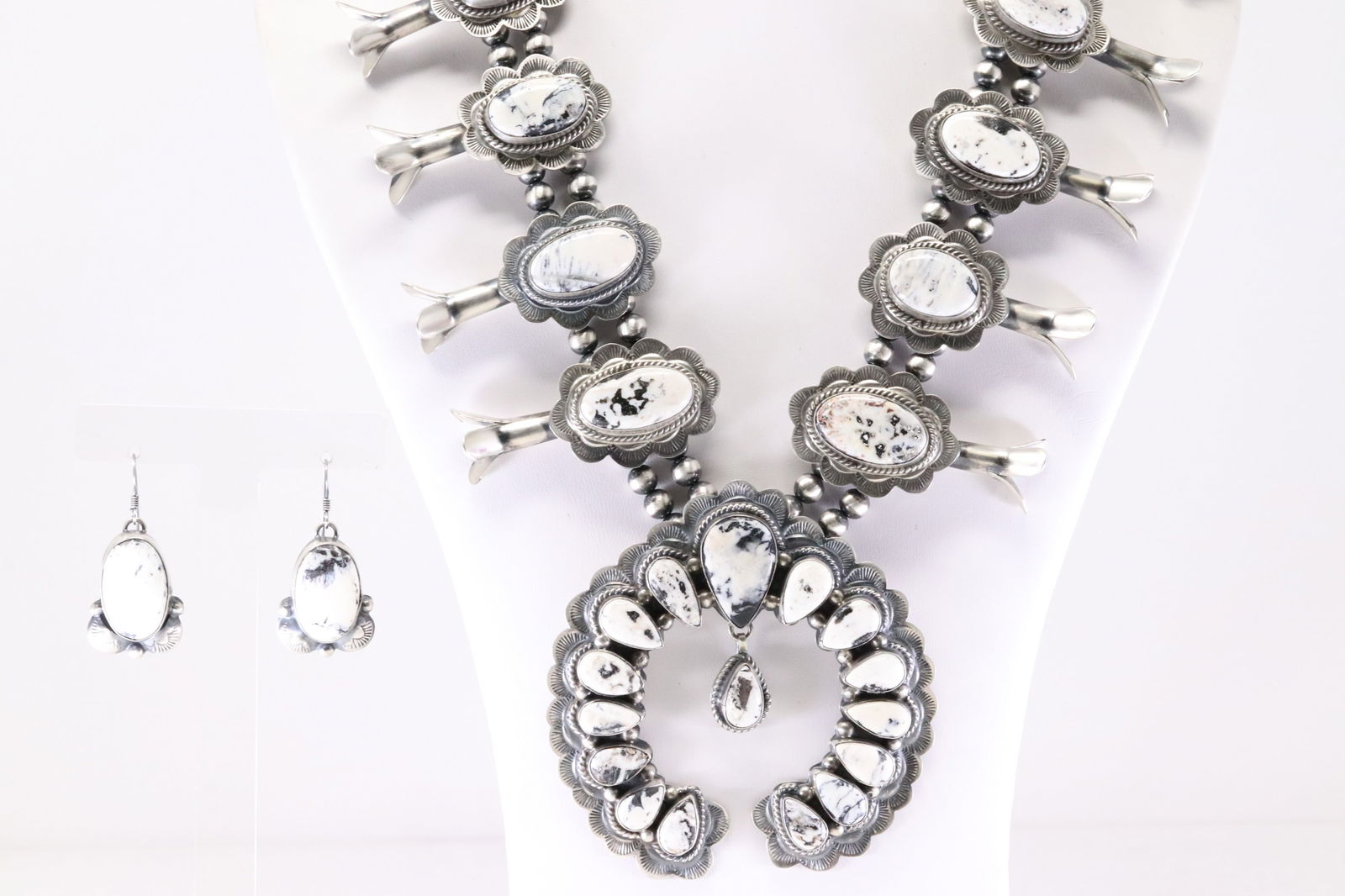 Native America Navajo Sterling Silver White Buffalo Squash Blossom Necklace & Earring's Set By Kee (1 of 8)