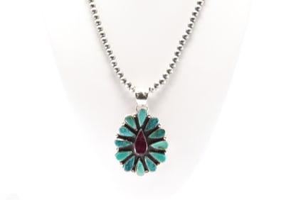 Native America Navajo Sterling Silver Purple Spiny Oyster & Turquoise Pendant By SW. With Machine