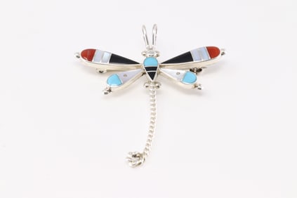 Native America Zuni Sterling Silver Multicolor Stone Inlay Dragonfly Pin Pendant By L.A.