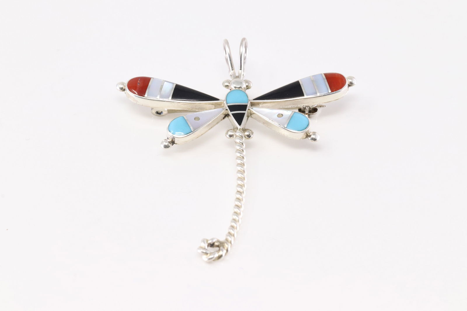 Native America Zuni Sterling Silver Multicolor Stone Inlay Dragonfly Pin Pendant By L.A.: This is a Native America Zuni Sterling Silver Multicolor Stone Inlay Dragonfly Pin Pendant By L.A. Stamp L.A.