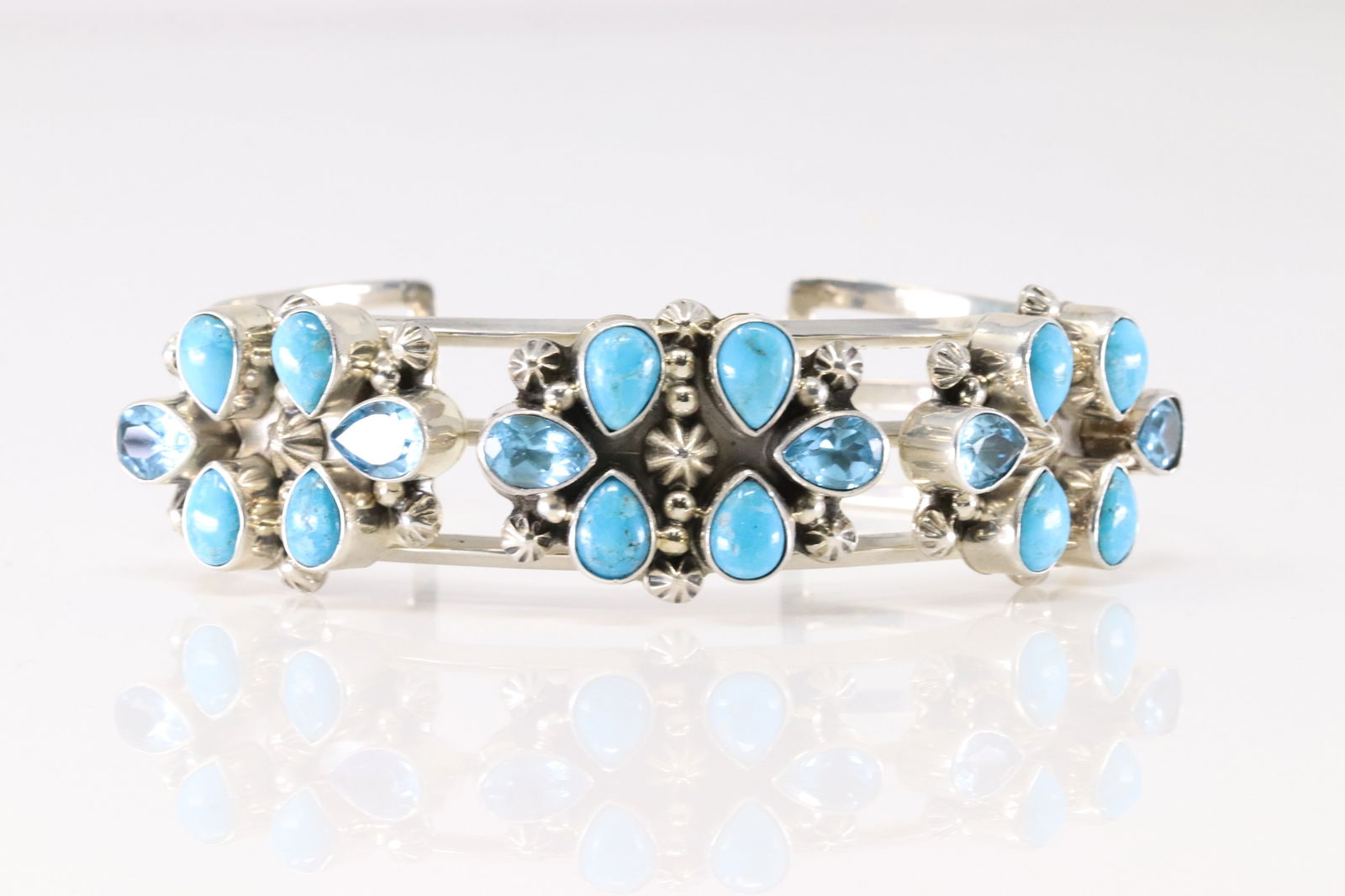 Native America Navajo Sterling Silver Blue Topaz & Turquoise Bracelet Cuff By Mike Smith. From R.B (1 of 4)