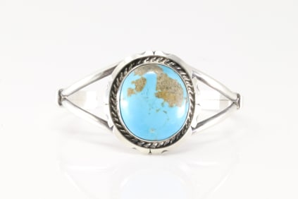 Native America Navajo Sterling Silver Kingman Turquoise Bracelet Cuff By Augustine Largo.