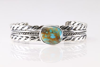 Native America Navajo Sterling Silver Turquoise Bracelet Cuff By Ray Tom.