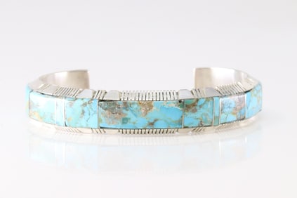 Native America Navajo Sterling Silver Number 8 Turquoise Inlay Bracelet Cuff By Steven Francisco.