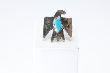 Native America Zuni Sterling Silver Turquoise Eagle Ring By NM. (Stamp Inside).
