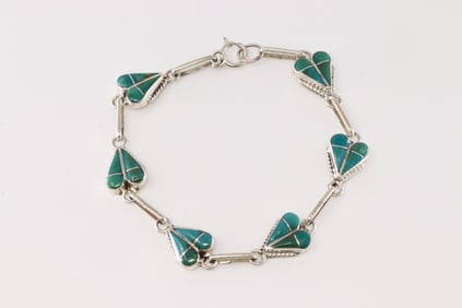 Native America Zuni Sterling Silver Turquoise Heart Bracelet Link By R.V.N.