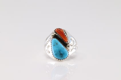 Native America Navajo Sterling Silver Coral & Turquoise Ring By M.L.