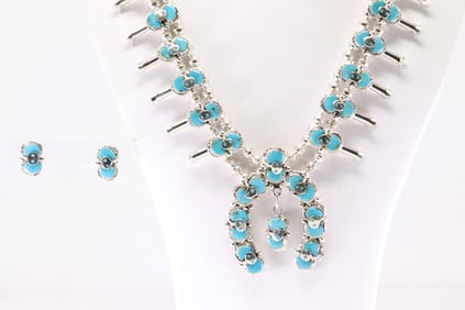 Native America Zuni Sterling Silver Turquoise Post Earring's / Necklace Set By Effie C.