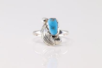 Native America Navajo Sterling Silver Turquoise Feather Ring By Simplicio.