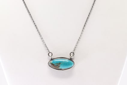 Native America Navajo Sterling Silver Campitos Turquoise Necklace By Johnny Dixon.