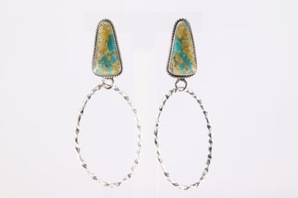 Native America Navajo Sterling Silver Royston Ribbon Post Hoop Earring's By Elouise Kee.