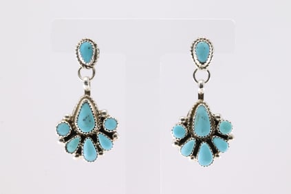 Native America Zuni Sterling Silver Kingman Turquoise Post Dangling Earring's By Alicia Wilson.