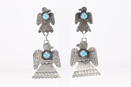 Native America Navajo Sterling Silver Turquoise Thunderbird Post Dangling Earring's By Gabriela