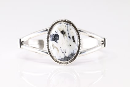 Native America Navajo Sterling Silver White Buffalo Bracelet Cuff By SE.