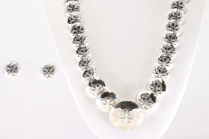Sterling Silver Stamped Pearl Beaded Necklace & Earring's Set.