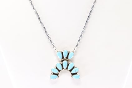 Native America Navajo Sterling Silver Kingman Turquoise Necklace By Rodney Notah.