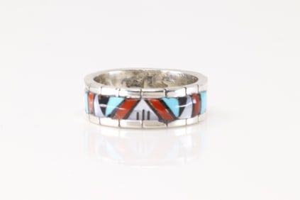 Native America Zuni Sterling Silver Multicolor Stone Inlay Ring By Lucio.