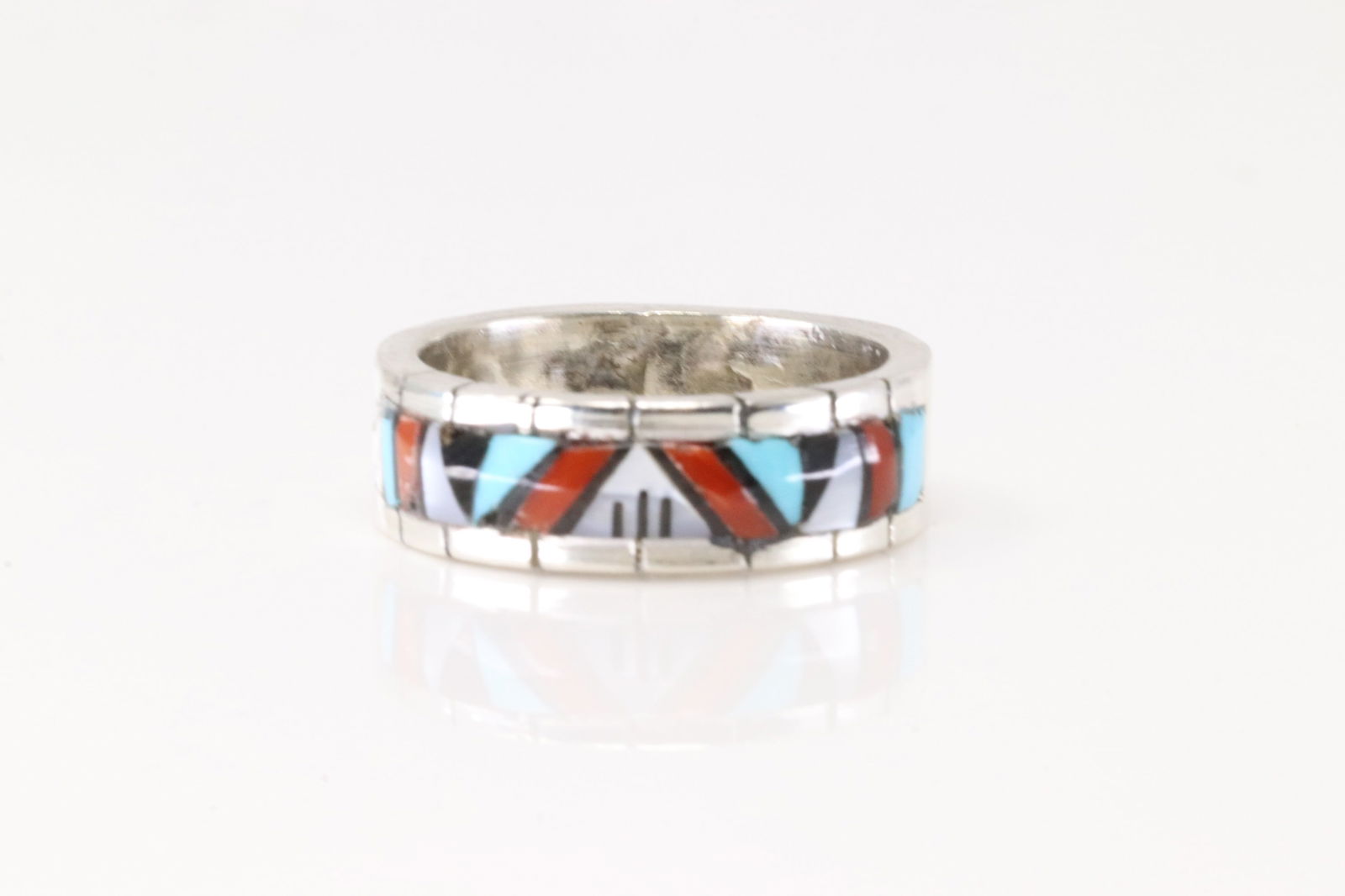 Native America Zuni Sterling Silver Multicolor Stone Inlay Ring By Lucio.: This is a Native America Zuni Sterling Silver Multicolor Stone Inlay Ring By Lucio. Stamp Lucio. Ring Size: 8.00.