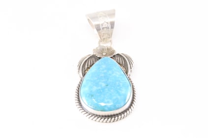 Native America Navajo Sterling Silver Kingman Turquoise Pendant By Jimson Belin.