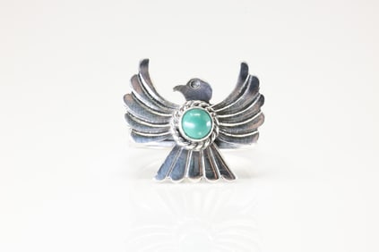 Native America Navajo Sterling Silver Turquoise Eagle Ring By Delayne Reeyes.