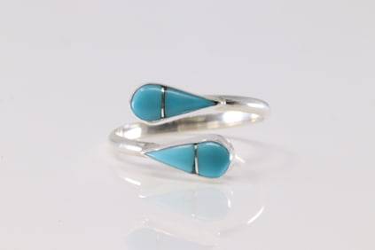 Native America Navajo Sterling Silver Turquoise Inlay Ring By RVN.