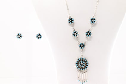 Native America Navajo Sterling Silver Turquoise Necklace & Earring's Set By Tricia Leekity.