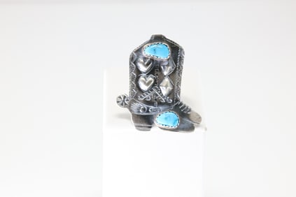 Native America Navajo Sterling Silver Turquoise Cowboy Boot Ring By T.Yazzie.